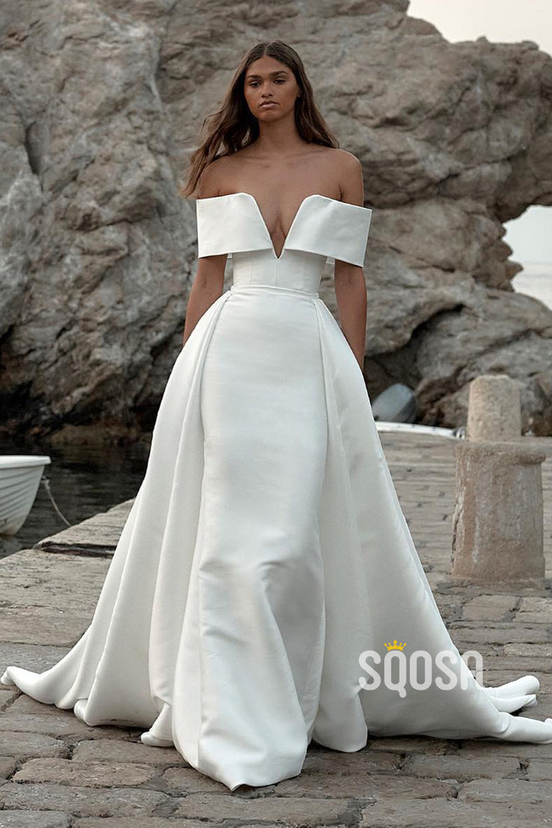 A-Line Off-Shoulder V-Neck Satin Wedding Dress Bridal Gowns With Train QW8057