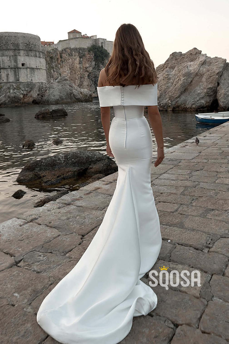 A-Line Off-Shoulder V-Neck Satin Wedding Dress Bridal Gowns With Train QW8057