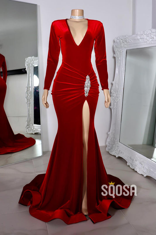 Trumpet V-Neck Long Sleeves Ruched With Side Slit Party Prom Evening Dress For Black Women QP3516