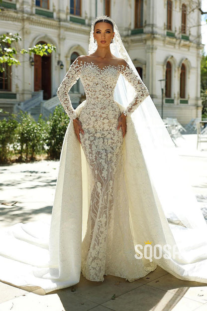 Off-Shoulder Applique Long Sleeves Court Train Wedding Dress Bridal Gowns QW8047