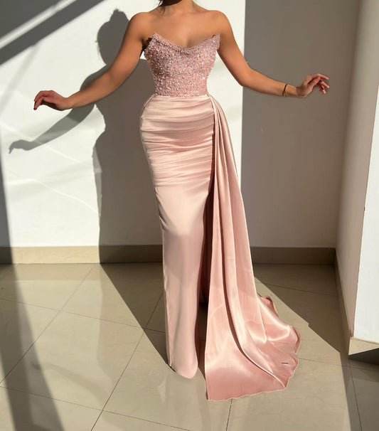 Chic Strapless Beaded PinkLog Prom Evening Dress With Sweep Train QP3133