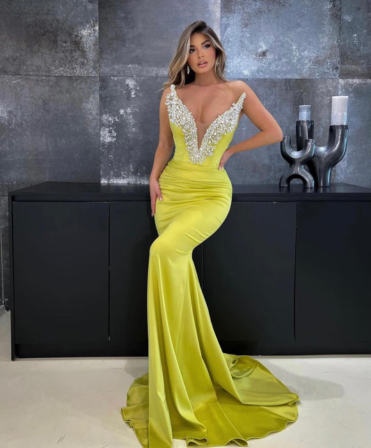 Chic V-Neck Strapless Beaded Sheath Mermaid Long Prom Evening Gowns QP3149