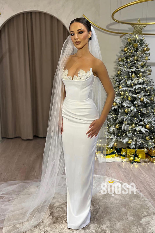 Sheath Strapless Beaded Satin Pleats White Long Prom Dress Evenign Gowns QP2528