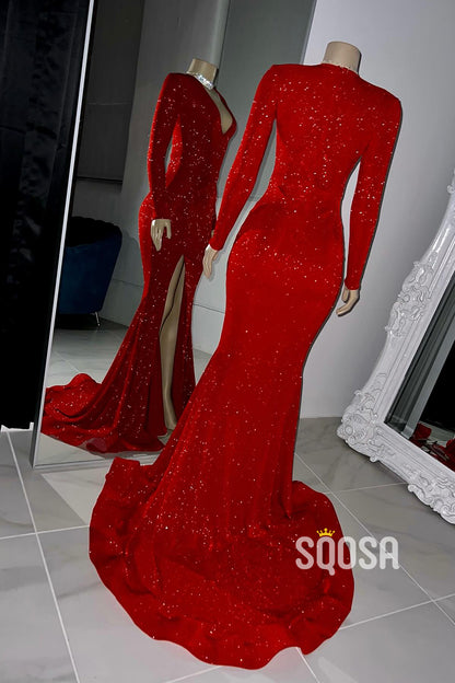 Sparkly V-Neck Long Sleeve With Side Slit Party Prom Evening Dress For Black Women QP3515