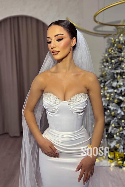 Sheath Sweetheart Beaded White Pleats Long Prom Dress Wedding Dress QP1010