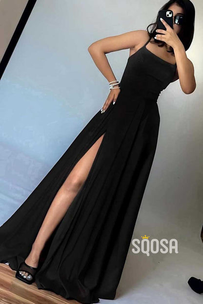 A-Line Bateau Spaghetti Straps With Side Slit Party Prom Evening Dress QP3446