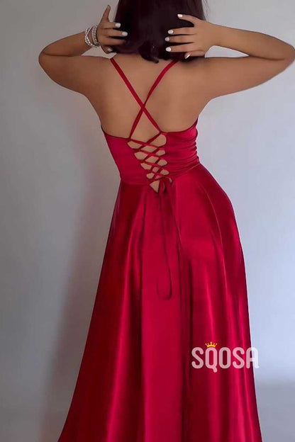 A-Line Bateau Spaghetti Straps With Side Slit Party Prom Evening Dress QP3446