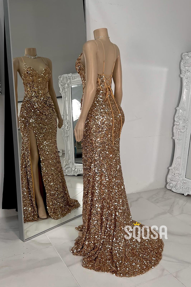 Sparkly Trumpet V-Neck Spaghetti Straps Sequined With Side Slit Party Prom Evening Dress For Black Women QP3511