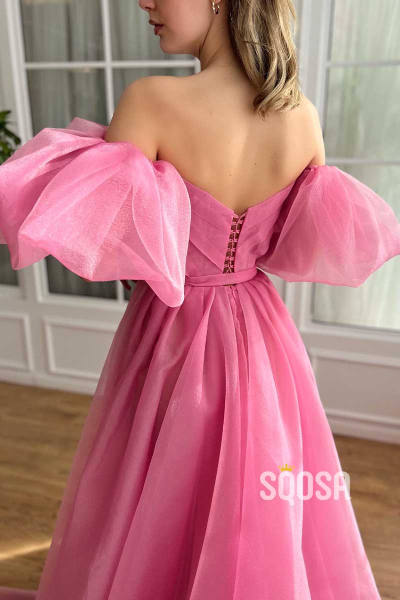 V-Neck Puff Sleeves A-Line Tulle With Side Slit Party Prom Evening Dress QP3383
