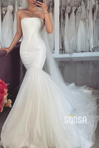 Simple Trumpet Strapless Ruched With Tulle Train Beach Wedding Dress QW8151