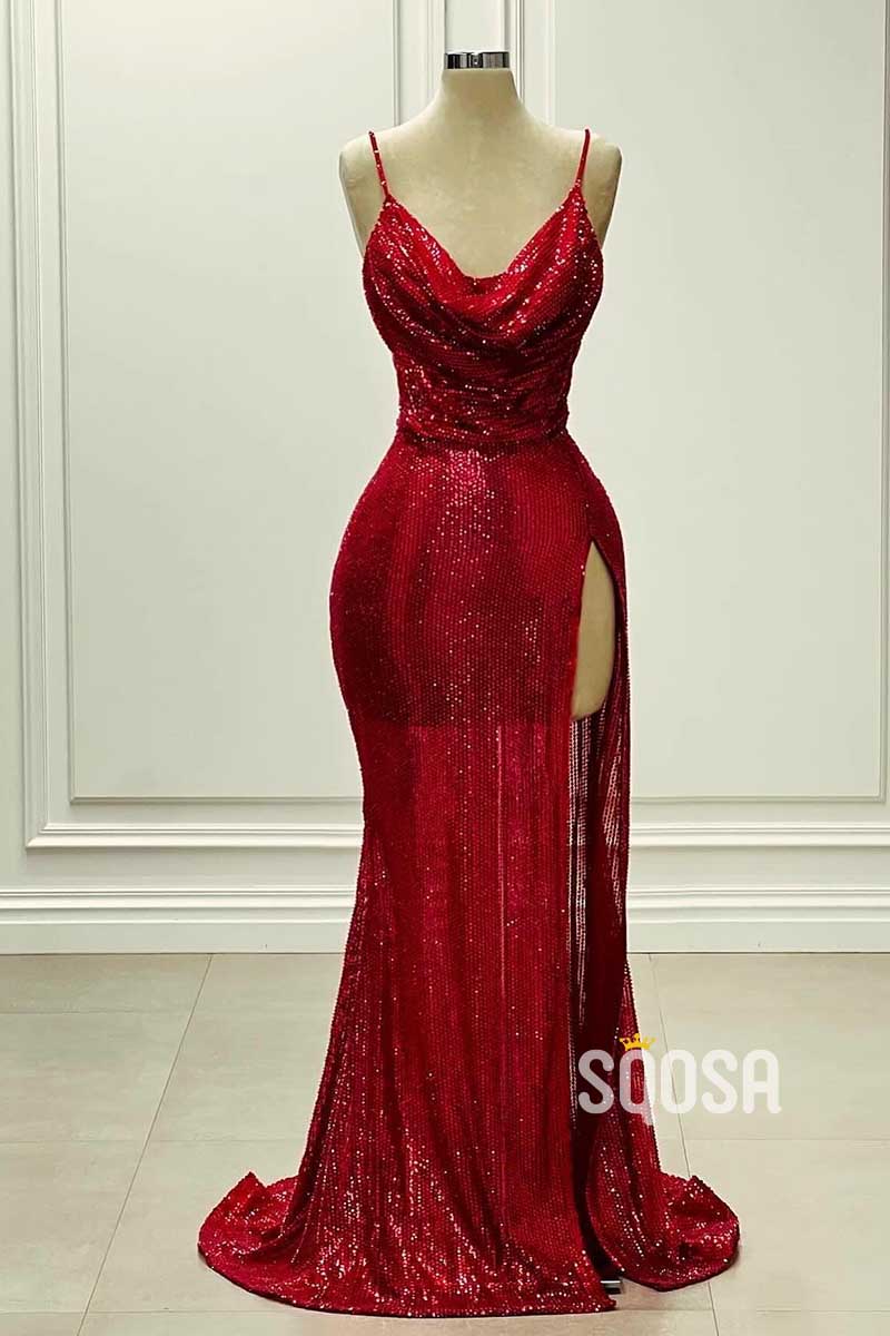 Sexy Glitter Asymmetrical Spaghetti Straps Sequined With Side Slit Party Prom Evening Dress QP3423