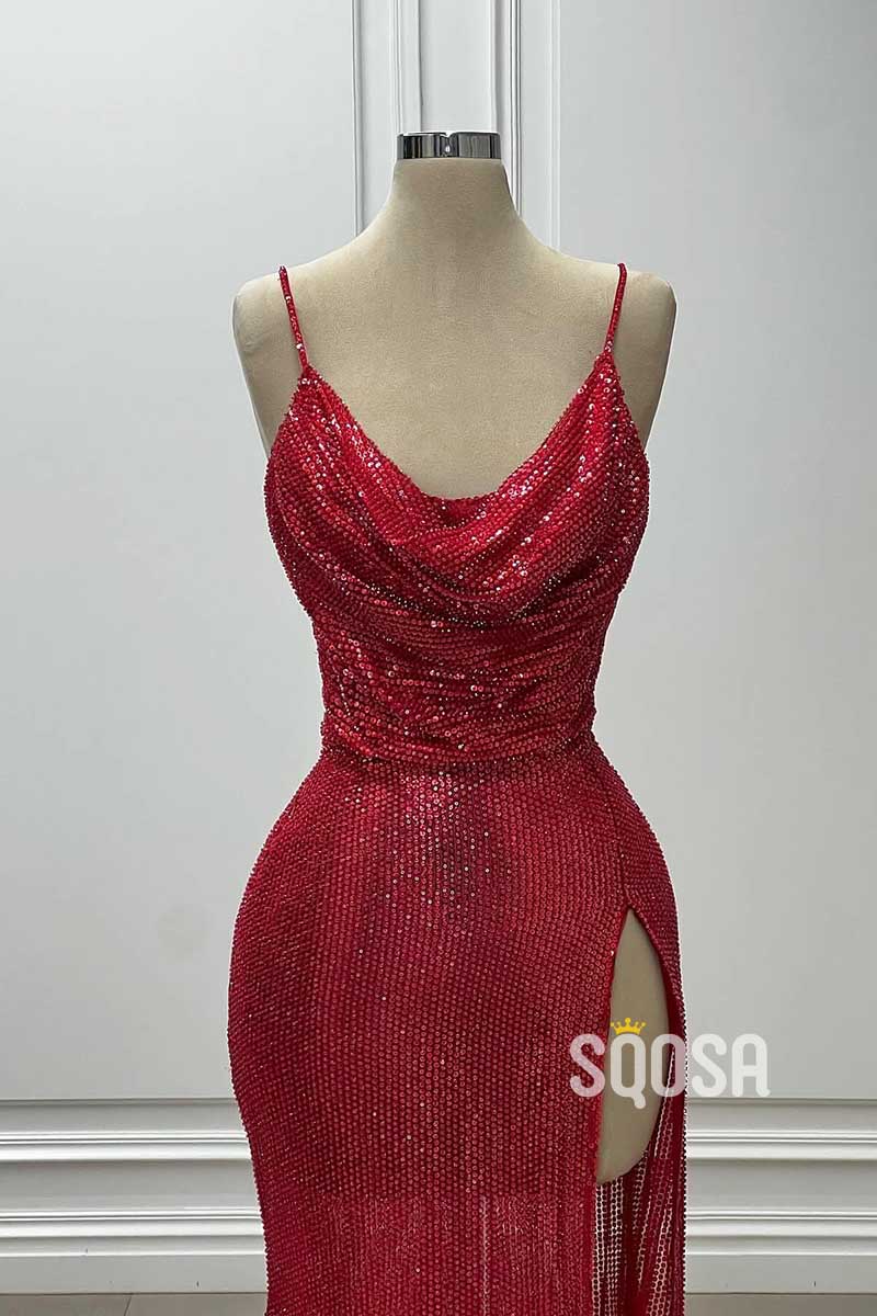 Sexy Glitter Asymmetrical Spaghetti Straps Sequined With Side Slit Party Prom Evening Dress QP3423