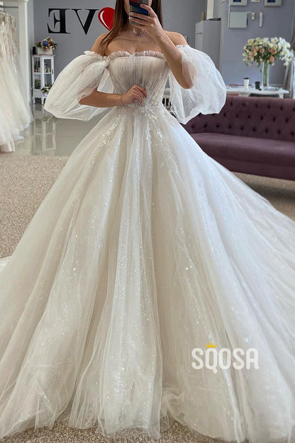 Glitter Tulle A-Line Off-Shoulder Appliques With Train SheerWedding Dress  QW8168