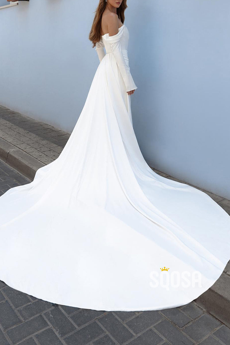 Off-Shoulder Long Sleeve Empire Pleats With Side Slit Wedding Dress QW8135