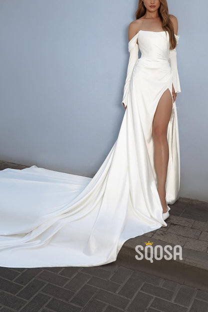 Off-Shoulder Long Sleeve Empire Pleats With Side Slit Wedding Dress QW8135