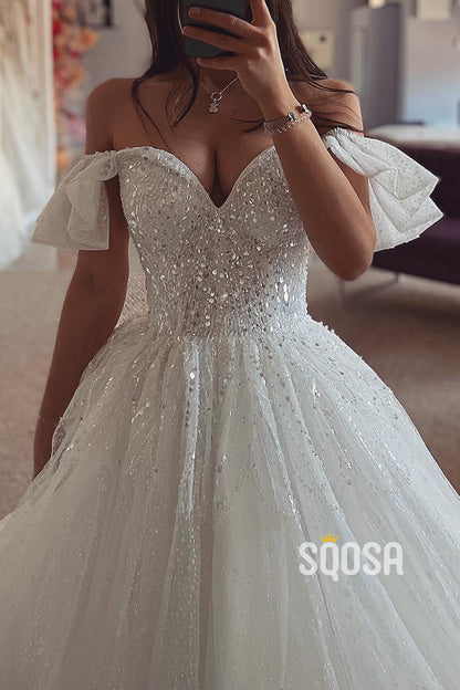 Off-Shoulder Glitter Tulle A-Line Sequined Beaded With Train Wedding Dress QW8167