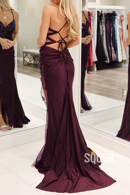 V-Neck Spaghetti Straps Appliques Beaded With Side Slit Party Prom Evening Dress QP3426