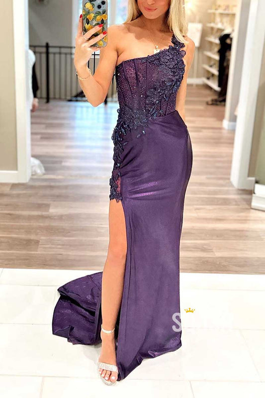 One Shoulder Fitted Appliques Beaded With Side Slit Party Prom Evening Dress QP3411