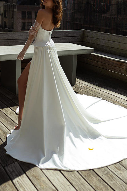 Strapless Ruched Lace Applique With Side Slit Train Wedding Dress QW8132