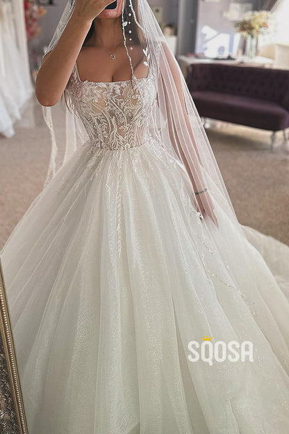 Tulle A-Line Square Appliques Sheer Glitter Wedding Dress QW8166