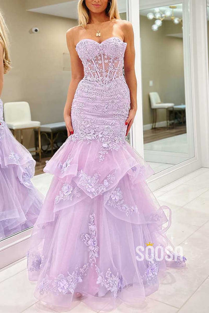 Trumpet Sweetheart Lace Applique With Tulle Train Party Prom Evening Dress QP3407
