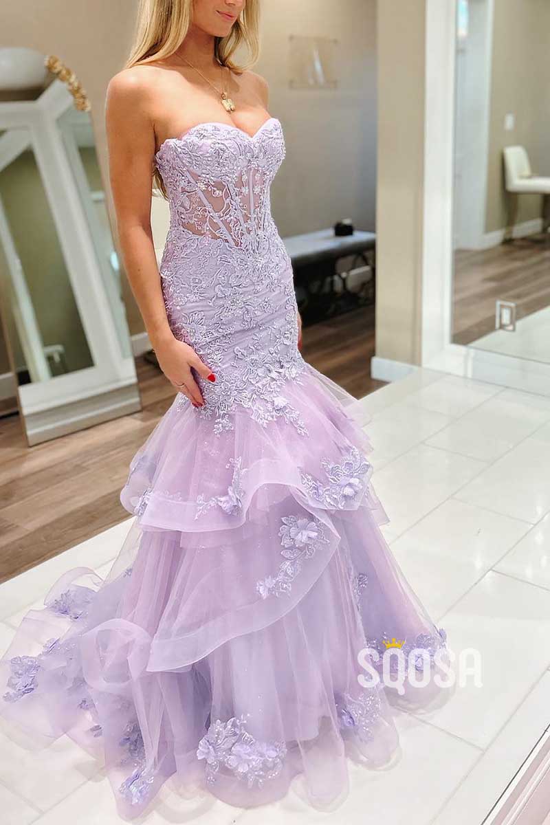 Trumpet Sweetheart Lace Applique With Tulle Train Party Prom Evening Dress QP3407