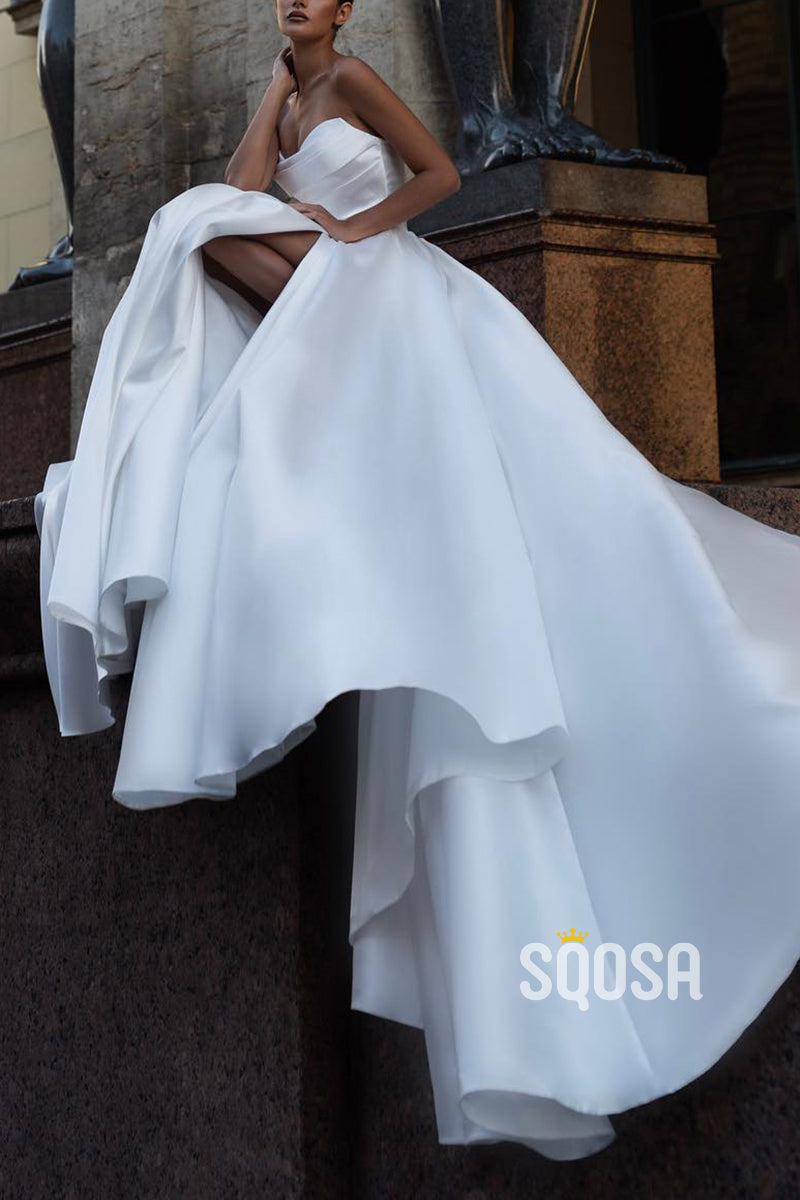 Satin A-Line Strapless Sleeveless With Side Slit Wedding Dress QW8143