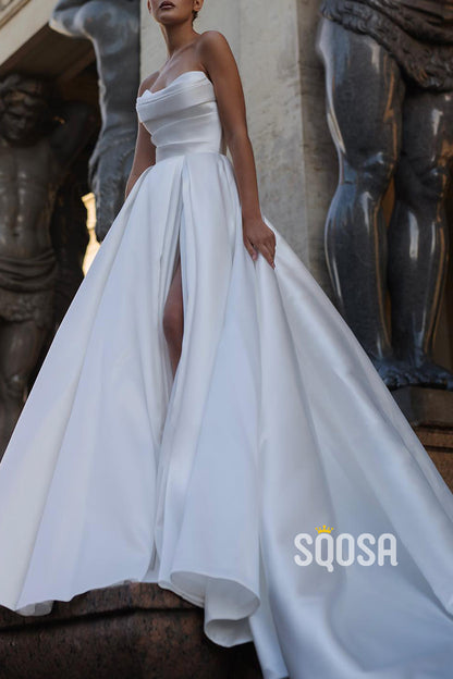 Satin A-Line Strapless Sleeveless With Side Slit Wedding Dress QW8143