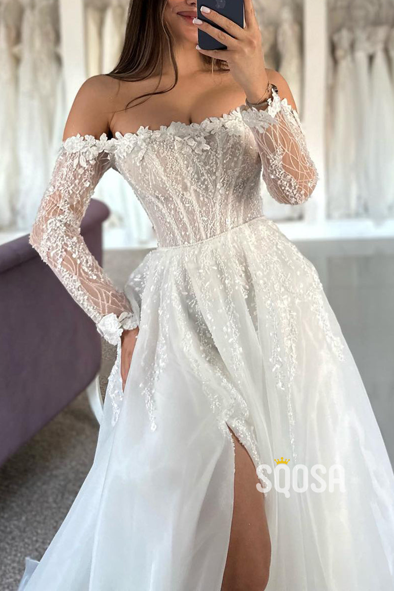 Off-Shoulder Long Sleeve Lace Applique With Side Slit Wedding Dress QW8165