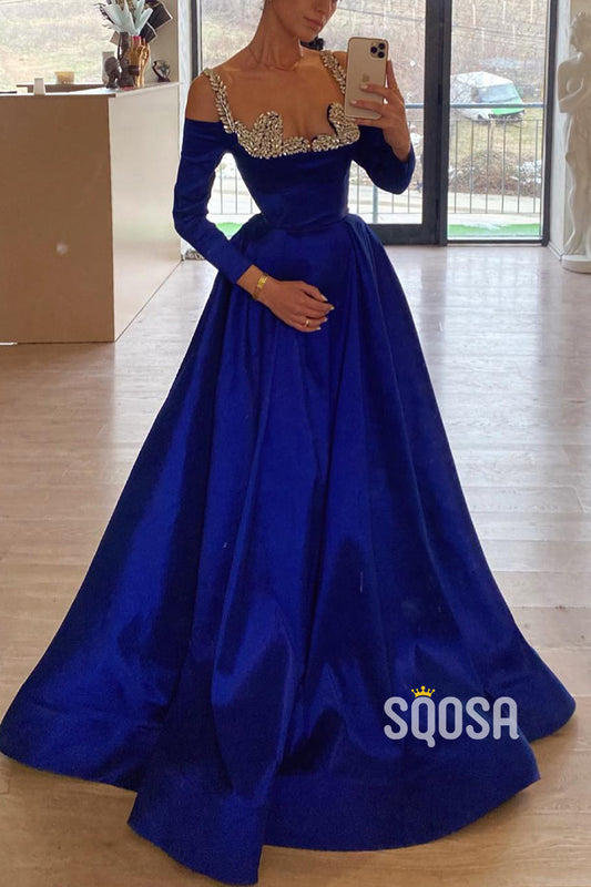 Satin A-Line Off-Shoulder Beaded Empire Party Prom Evening Dress QP3285