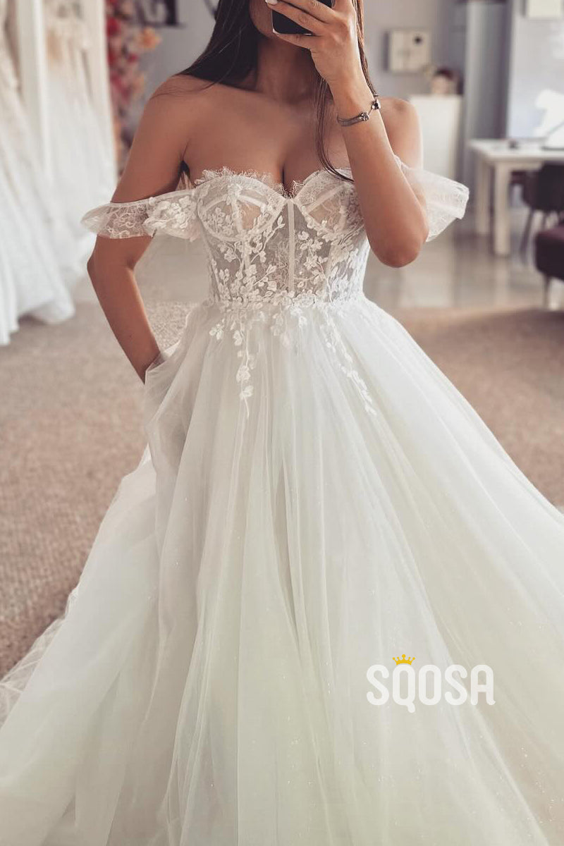 Tulle A-Line Off-Shoulder Sheer Lace Applique With Train Wedding Dress  QW8164