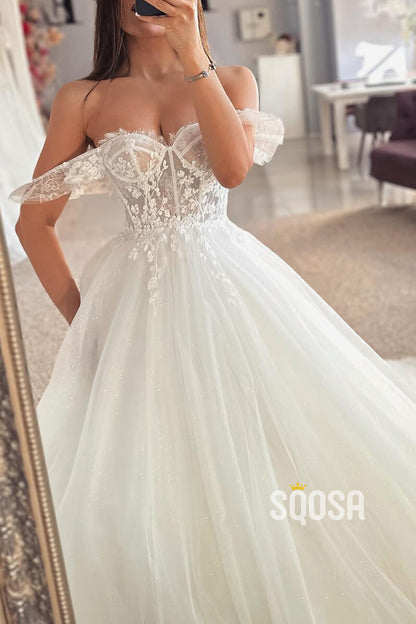 Tulle A-Line Off-Shoulder Sheer Lace Applique With Train Wedding Dress  QW8164