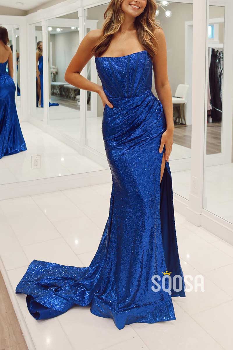 Sequined Detachable Off-Shoulder With Side Slit Party Prom Evening Dress QP3384