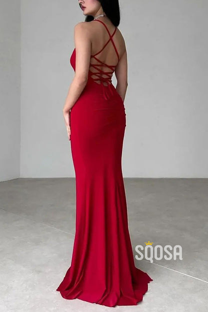 Fitted Bateau Spaghetti Straps Lace-Up Party Prom Evening Dress QP3332