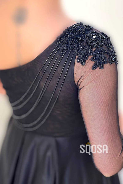 A-Line One Shoulder Appliques Beaded With Side Slit Party Prom Evening Dress QP3408