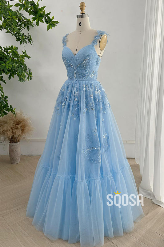 Tulle A-Line V-Neck Spaghetti Straps Lace Applique Beaded Party Prom Evening Dress QP3357
