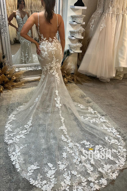 V-Neck Spaghetti Straps Lace Applique Sheer Trumpet Wedding Dress QW8156