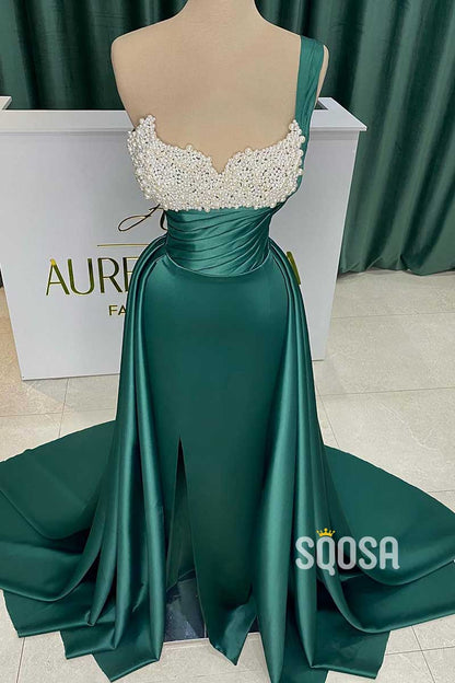 Satin Off-Shoulder Beaded With Detachable Train Party Prom Evening Dress  QP3402