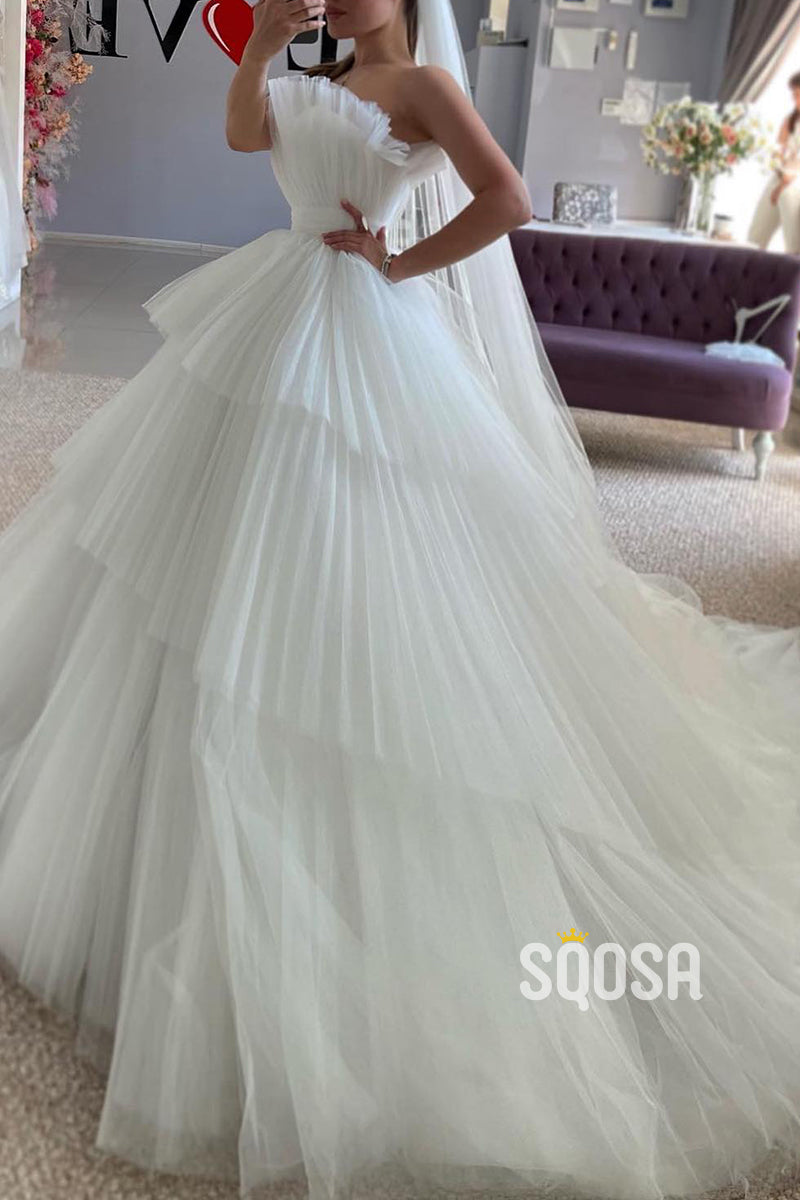 Tulle A-Line Strapless Empire Tiered With Train Wedding Dress QW8147