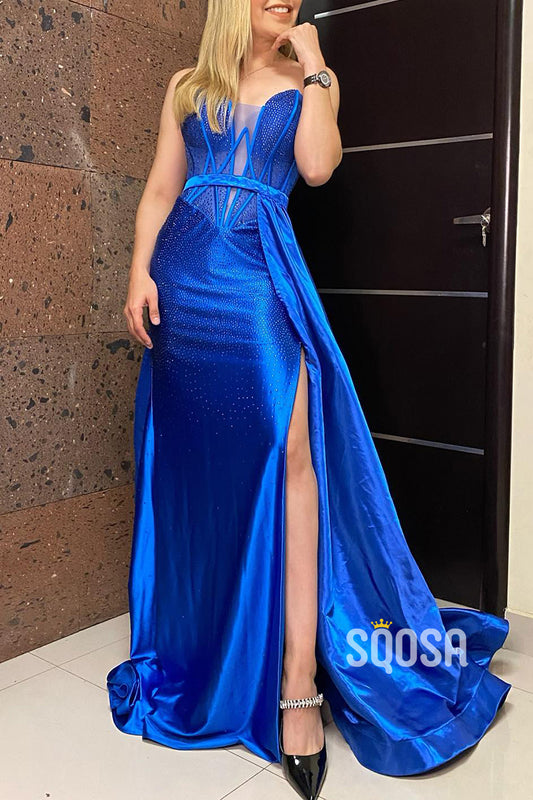 A-Line V-Neck Beaded With Side Slit Train Party Prom Evening Dress QP3331