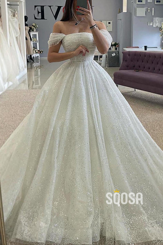 A-Line Detachable Off-Shoulder Empire Glitter Tulle Wedding Dress QW8148