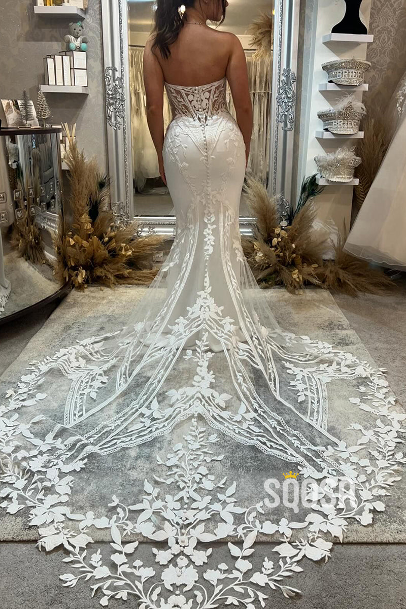 Trumpet Sweetheart Strapless Appliques Illusion With Lace Train Wedding Dress QW8157