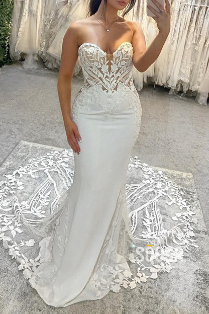 Trumpet Sweetheart Strapless Appliques Illusion With Lace Train Wedding Dress QW8157