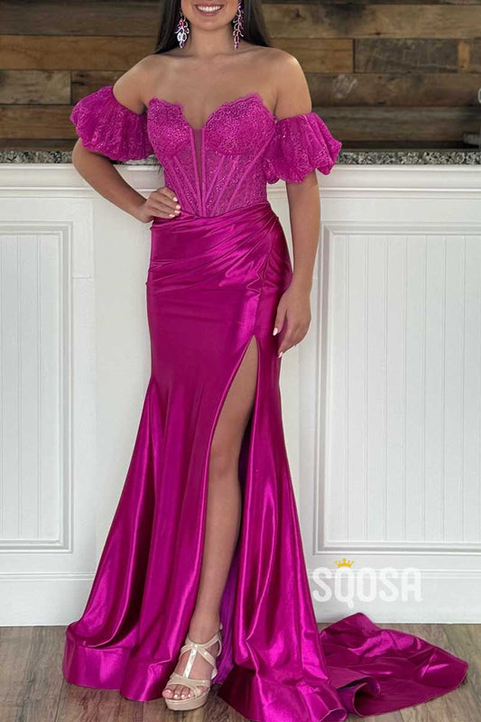 Detachable Puff Sleeves V-Neck Appliques With Side Slit Prom Evening Dress QP3393