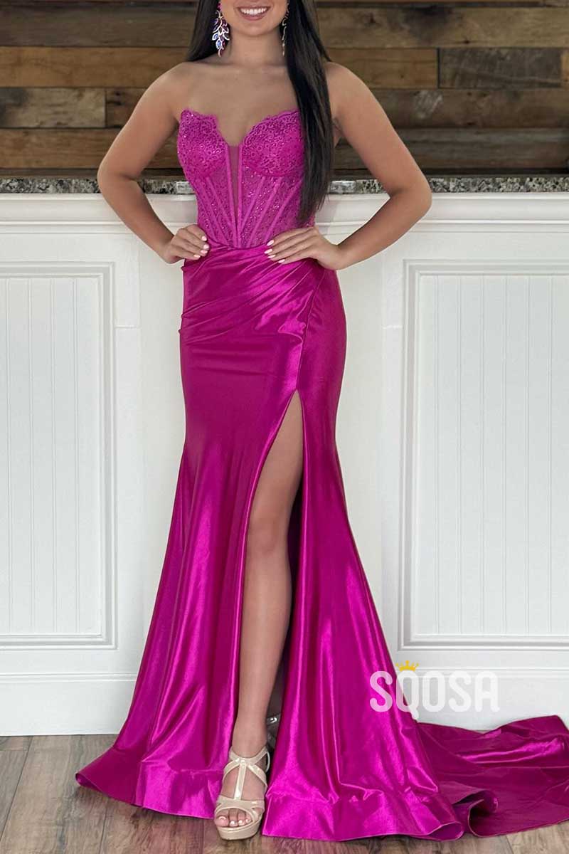 Detachable Puff Sleeves V-Neck Appliques With Side Slit Prom Evening Dress QP3393