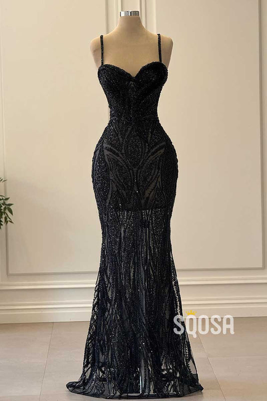 Sweetheart Spaghetti Straps Beaded Sheer Party Prom Evening Dress QP3424