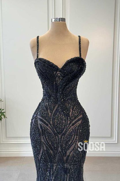 Sweetheart Spaghetti Straps Beaded Sheer Party Prom Evening Dress QP3424