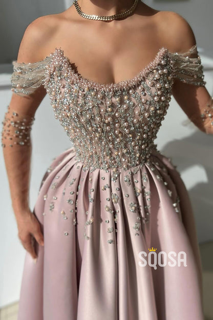 A-Line Off-Shoulder Beaded With Side Slit Party Prom Evening Dress QP3340