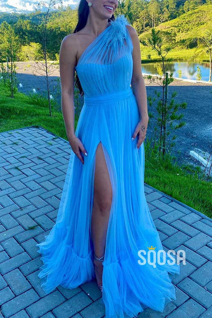 Tulle A-Line One Shoulder Sleeveless With Side Slit Party Prom Evening Dress QP3445