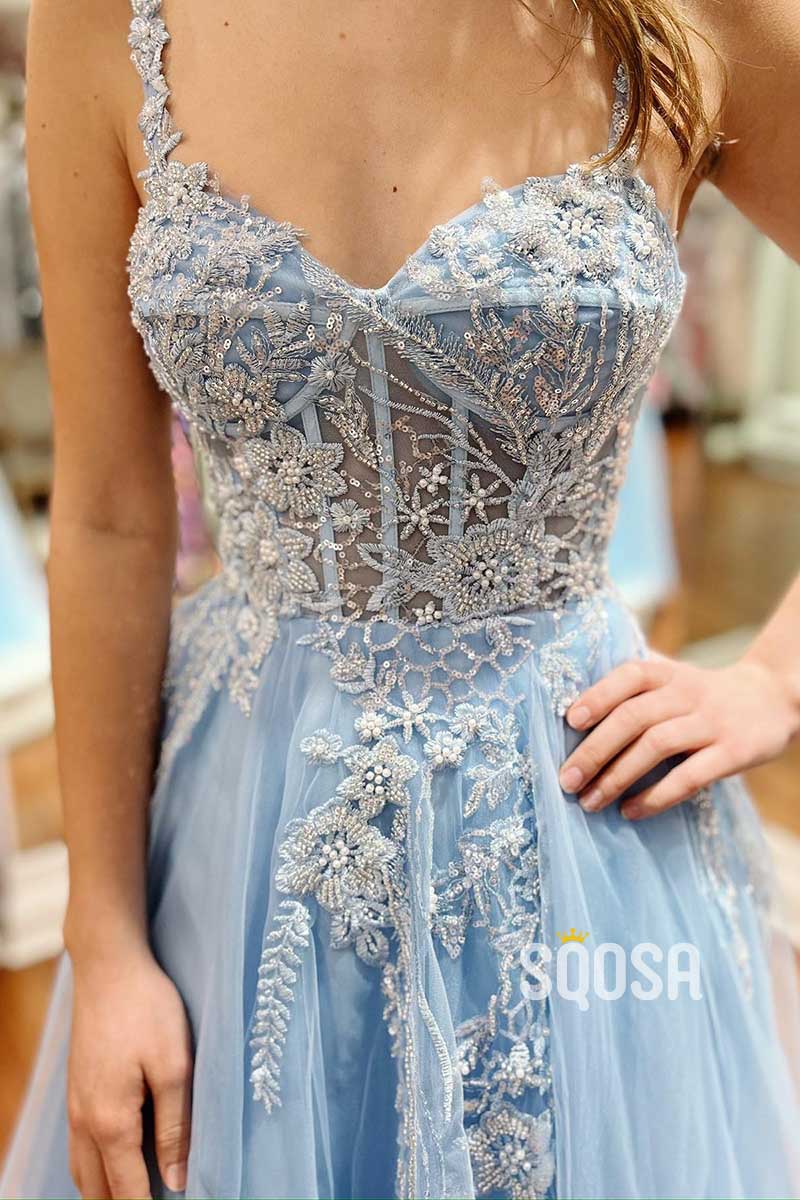 Tulle A-Line Illusion Appliques With Side Slit Party Prom Evening Dress QP3398